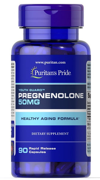 A bottle of Puritan's Pride pregnenolone 50 mg 90 Rapid Release Capsules designed for a healthy aging regimen.