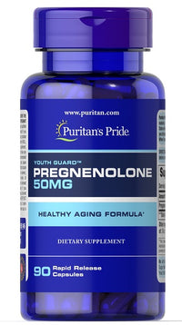 Thumbnail for A bottle of Puritan's Pride pregnenolone 50 mg 90 Rapid Release Capsules designed for a healthy aging regimen.