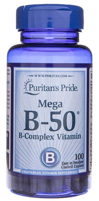 Thumbnail for A bottle of Puritan's Pride Vitamin B-50 Complex 100 Coated Caplets for mental and cardiovascular health.