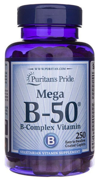 Puritan's Pride Vitamin B-50 Complex 250 Coated Caplets supports cardiovascular and mental health.