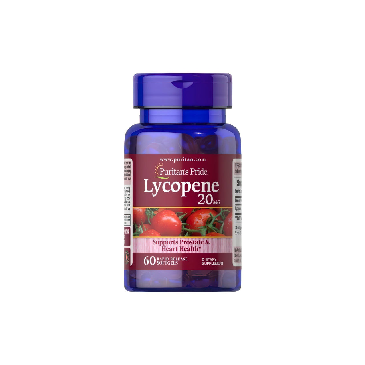 A bottle of Lycopene 20 mg 60 Rapid Release Softgels with tomatoes from Puritan's Pride.