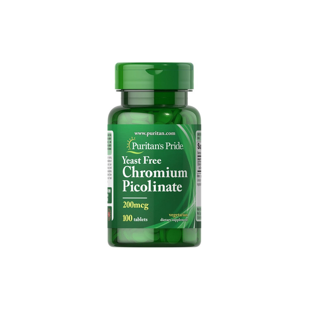 A bottle of Puritans Pride Chromium Picolinate 200 mcg Yeast Free 100 tablets.