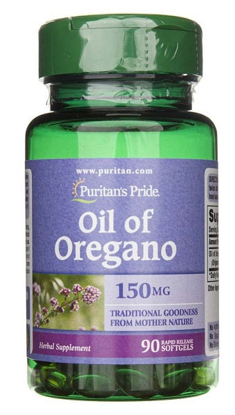 An immunity-boosting bottle of Puritan's Pride Oregano Oil 150 mg 90 Rapid Release Softgels.