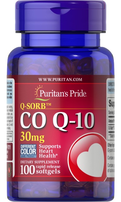 Puritan's Pride offers Q-SORB™ Co Q-10 30 mg 100 rapid release softgels, a supplement that supports endurance and energy levels.