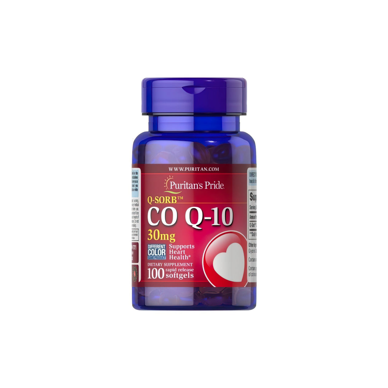 A bottle of Puritan's Pride Q-SORB™ Co Q-10 30 mg 100 rapid release softgels with a heart on it, known for boosting endurance and energy levels.