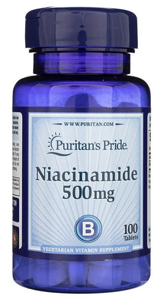 A bottle of Puritan's Pride Vitamin B-3 Niacinamide 500mg, promoting cardiovascular health and joint function.