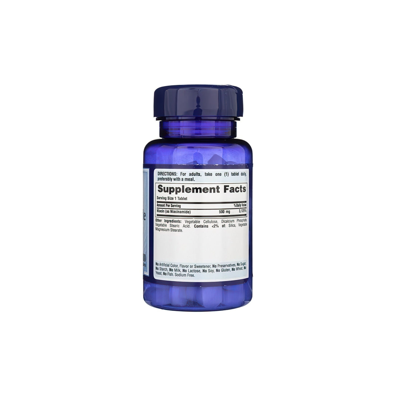 A bottle of Puritan's Pride Vitamin B-3 Niacinamide 500 mg 100 tablets on a white background promoting cardiovascular health.