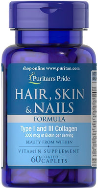 Thumbnail for A bottle of Puritan's Pride Hair, Skin and Nails 60 Coated Caplets.