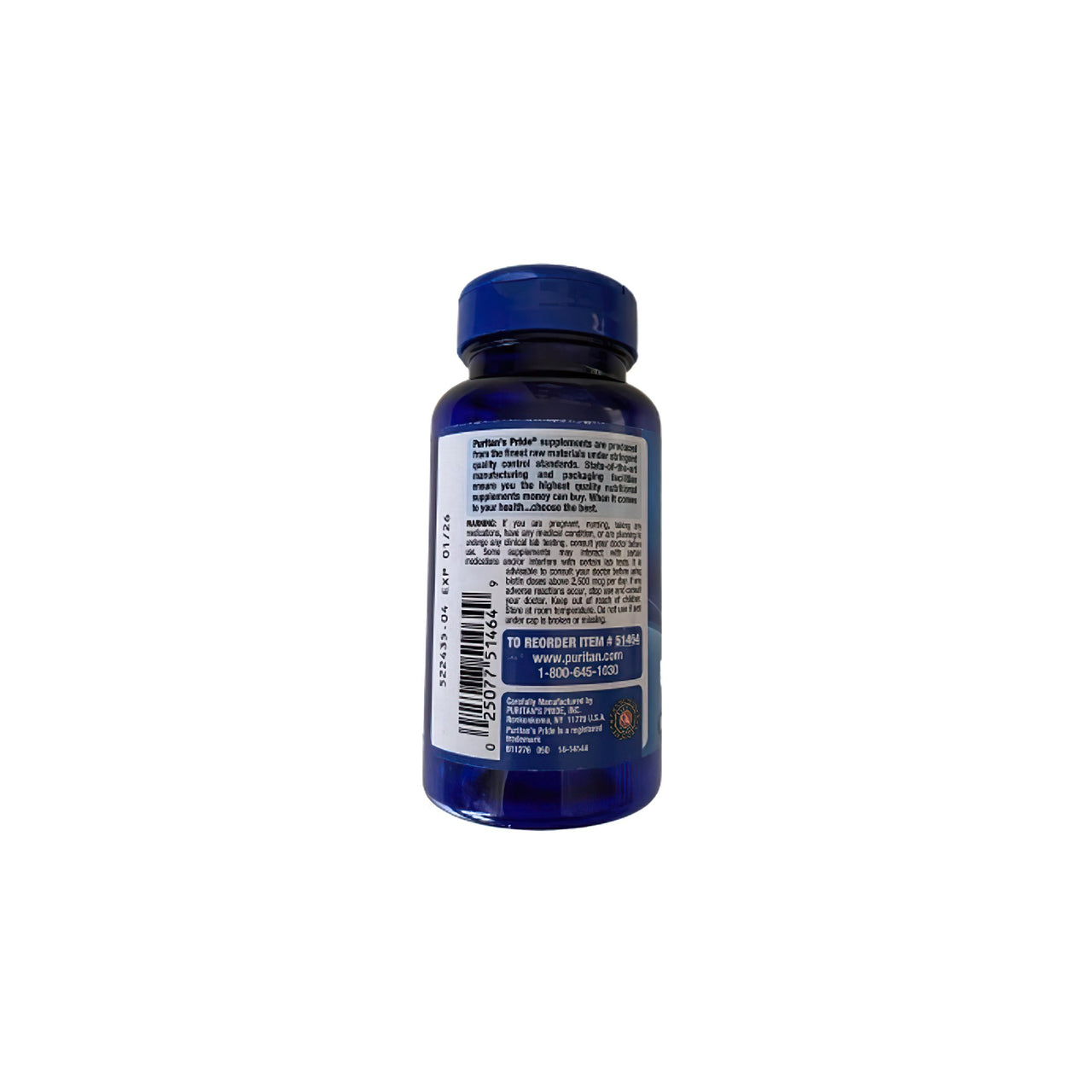 A blue bottle with a white label, containing Puritan's Pride Biotin - 10000 mcg 100 softgels for healthy hair.