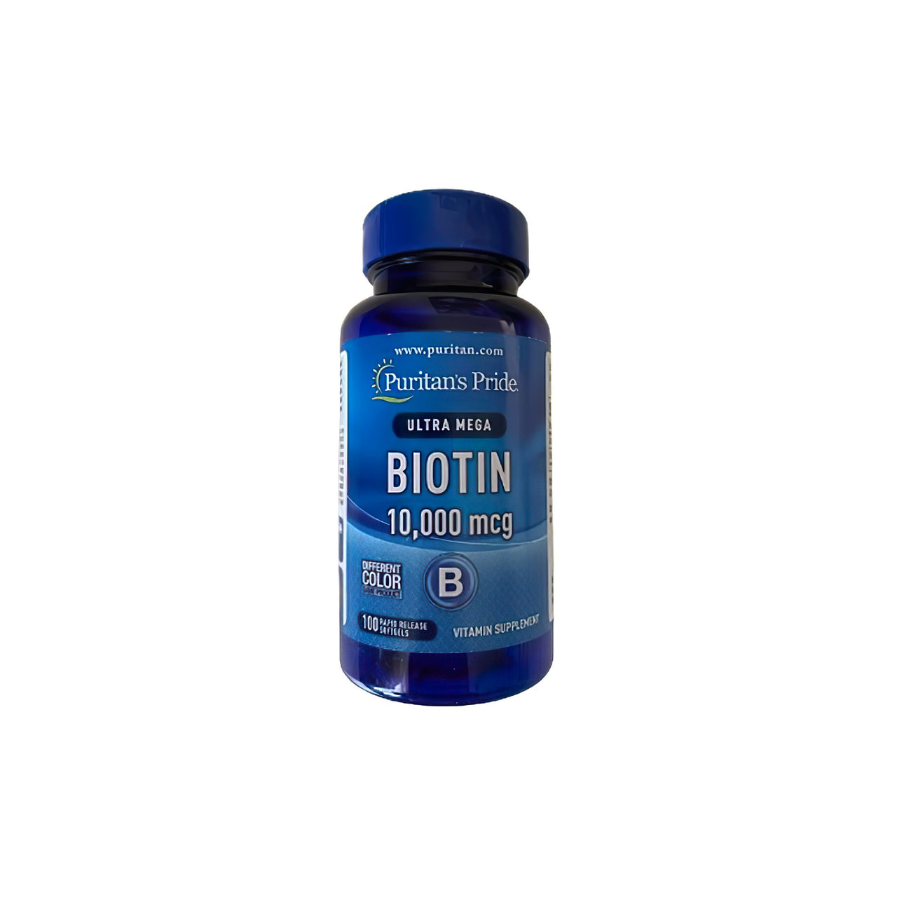 A nutrient-packed bottle of Puritan's Pride Biotin - 10000 mcg 100 softgels with a white background, formulated to boost energy levels and promote healthy hair.