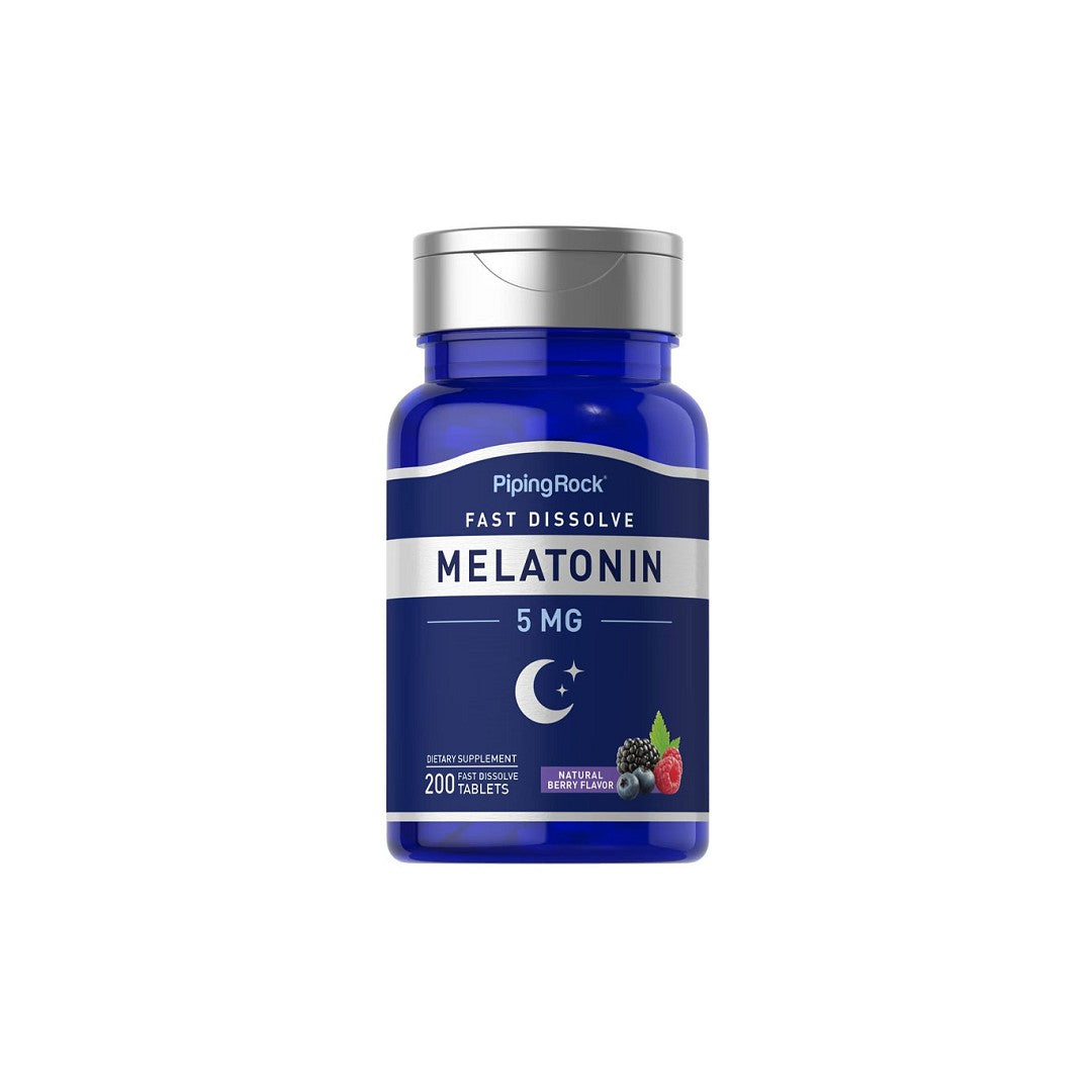 A bottle of PipingRock Melatonin 5 mg 200 Fast Dissolve Tablets berry flavor.