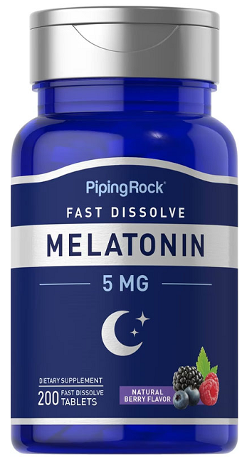 A bottle of PipingRock Melatonin 5 mg 200 Fast Dissolve Tablets berry flavor.
