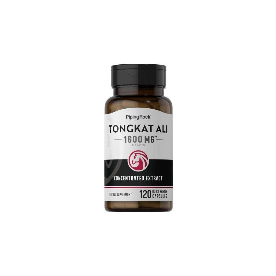 A bottle of Tongkat Ali Long Jack 1600 mg 120 Quick Release Capsules, the ultimate solution for enhancing hormonal health and boosting libido, from PipingRock.