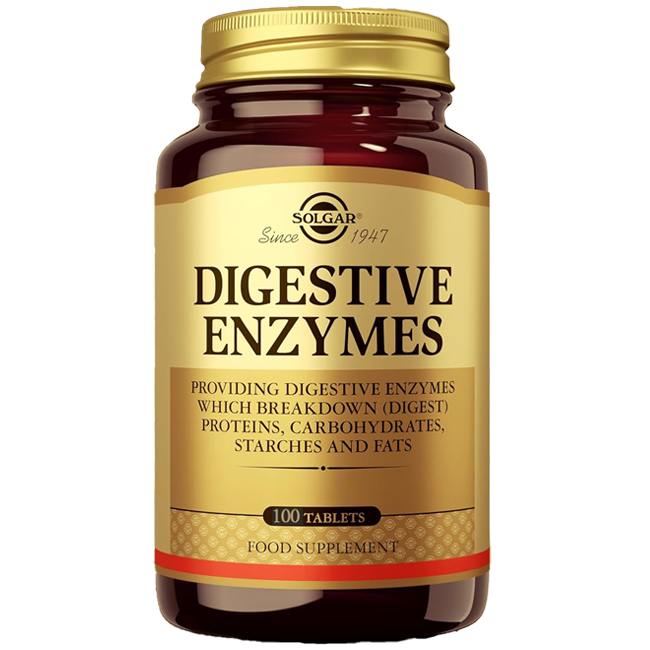 Solgar Digestive Enzymes 100 Tablets is a food supplement that supports digestion and helps break down proteins, carbohydrates, starches, and fats.