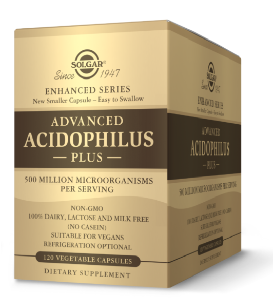 A box of Solgar Advanced Acidophilus Plus 120 vege capsules.
