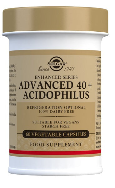 A jar of Solgar's Advanced 40+ Acidophilus 60 Vegetable Capsules.