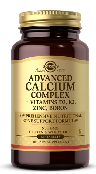 A bottle of Solgar's Advanced Calcium Complex 120 tablets.
