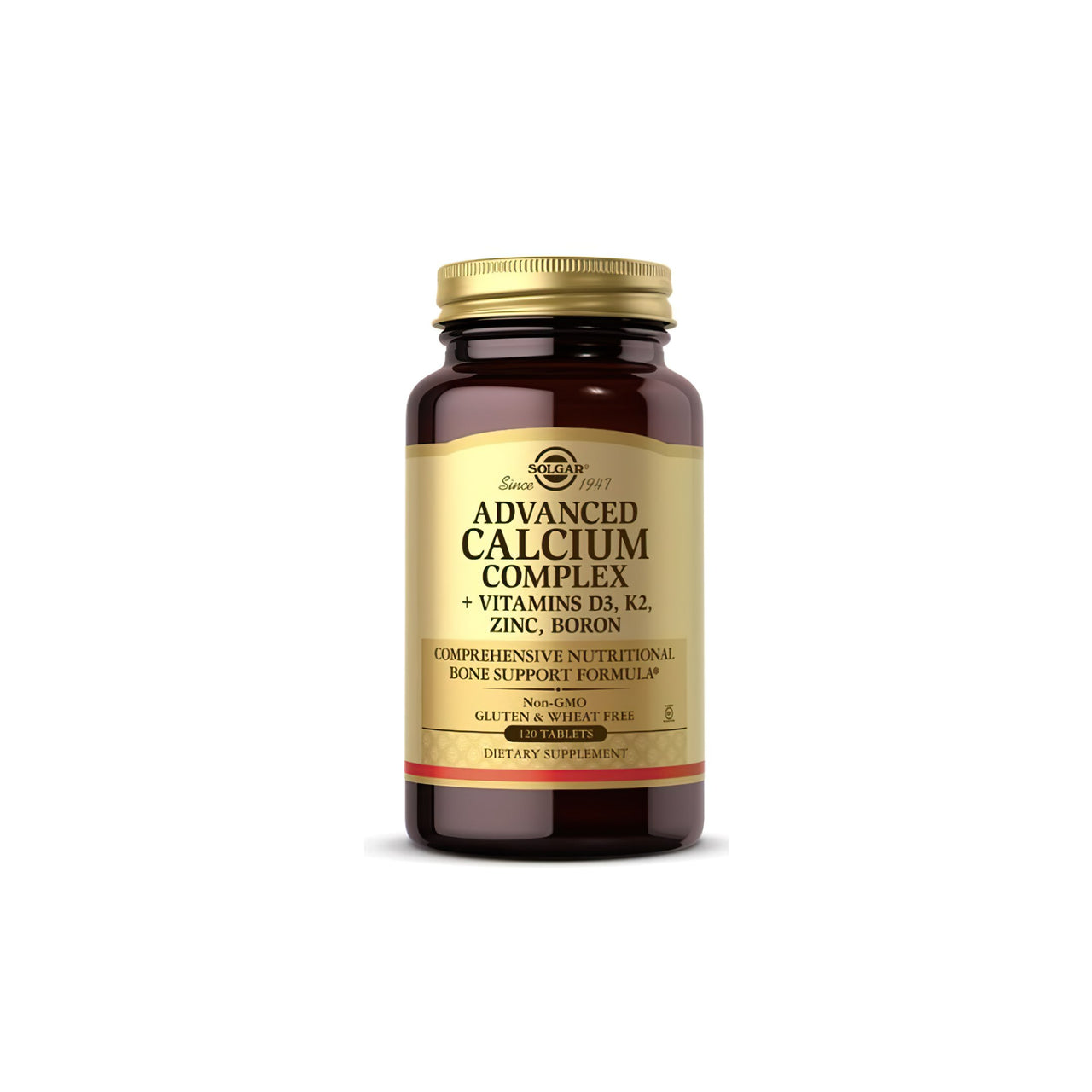 A bottle of Solgar's Advanced Calcium Complex 120 tablets on a white background.