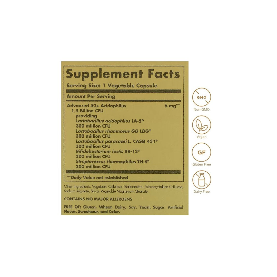 A label for Solgar's Advanced 40+ Acidophilus 120 Vegetable Capsules with a gold background.
