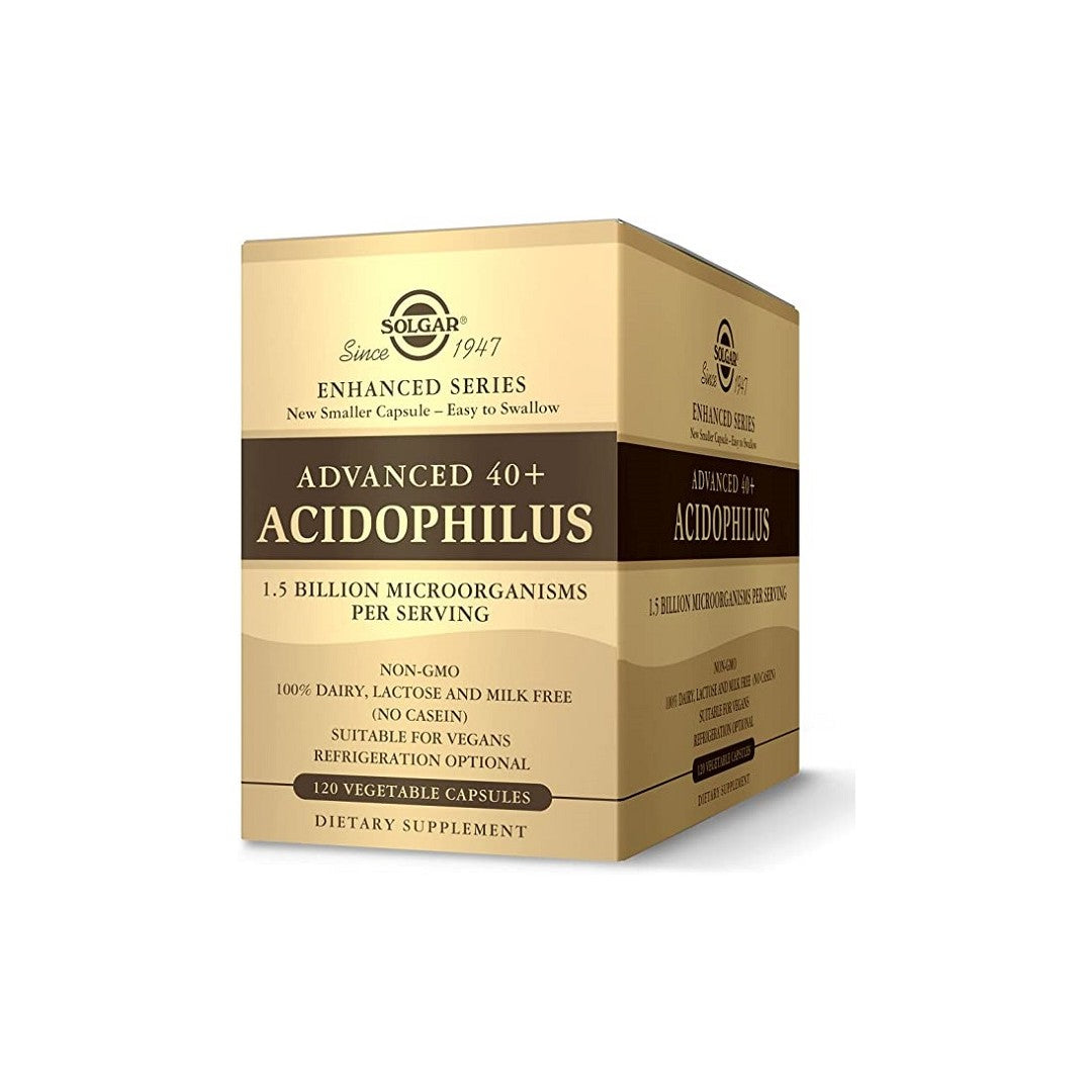 A box of Solgar Advanced 40+ Acidophilus 120 Vegetable Capsules.