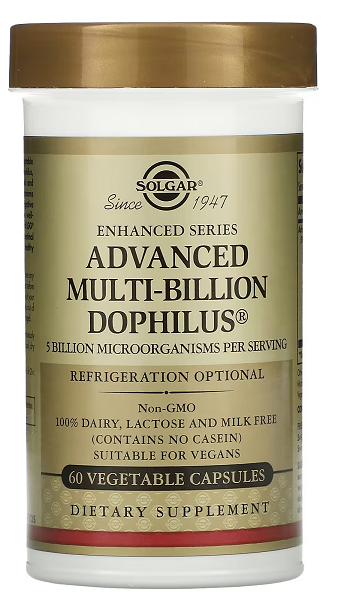 A jar of Solgar's Advanced Multi-Billion Dophilus 60 Vegetable Capsules.