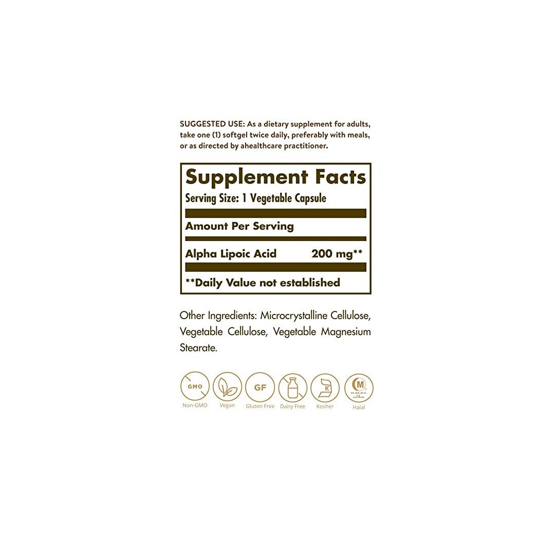 A label showing the ingredients of Solgar Alpha Lipoic Acid 200 mg 50 Vegetable Capsules supplement.