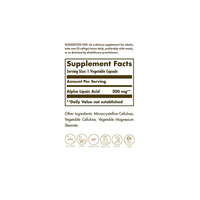 Thumbnail for A label showing the ingredients of Solgar Alpha Lipoic Acid 200 mg 50 Vegetable Capsules supplement.