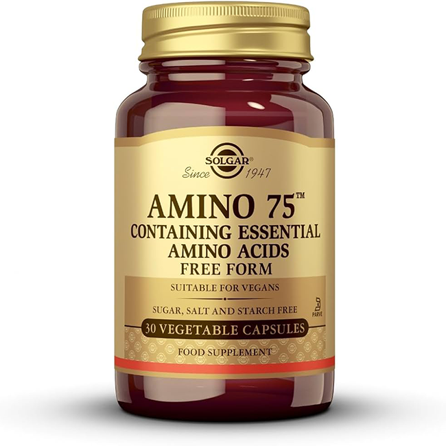 A bottle of Solgar AMINO 75, featuring essential amino acids for muscle regeneration and suitable for vegans, comes with 30 vegetable capsules.