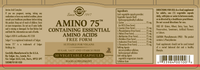 Thumbnail for The label for Solgar Amino 75, which showcases 30 vegetable capsules, prominently highlights essential amino acids. It includes ingredient details, usage directions, and confirms its suitability for vegans to support muscle regeneration with a brown and beige design.