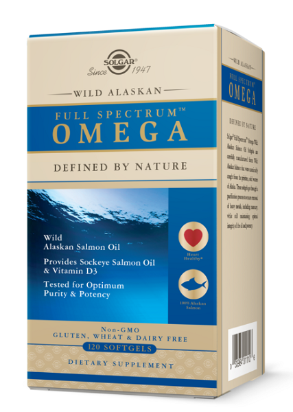 Solgar's Wild Alaskan full spectrum Omega 120 softgels is a high-quality dietary supplement derived from fish oil, known for its abundant omega 3 fatty acids and vitamin D3.