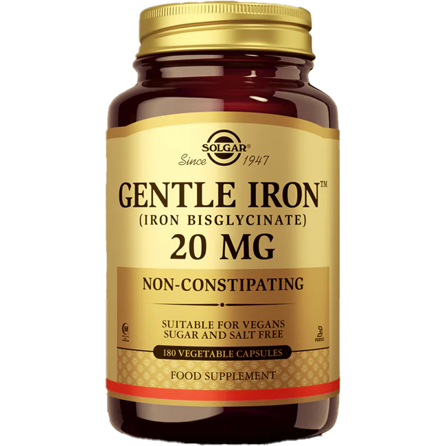 Solgar Gentle Iron (Iron Bisglycinate) 20 mg provides 180 vegetable capsules, suitable for vegans and free from sugar and salt.