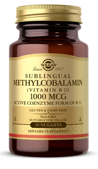 Thumbnail for A brain-boosting supplement, featuring a jar of Solgar Vitamin B-12 1000 mcg Methylcobalamin 30 Nuggets.