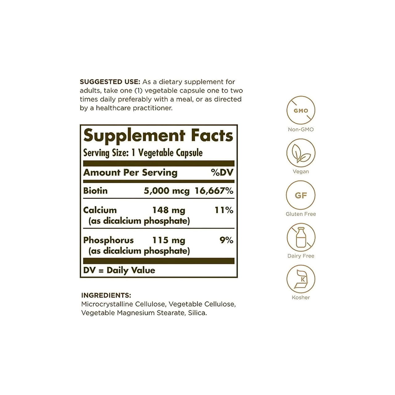Biotin 5000 mcg 100 vegetable capsules - supplement facts