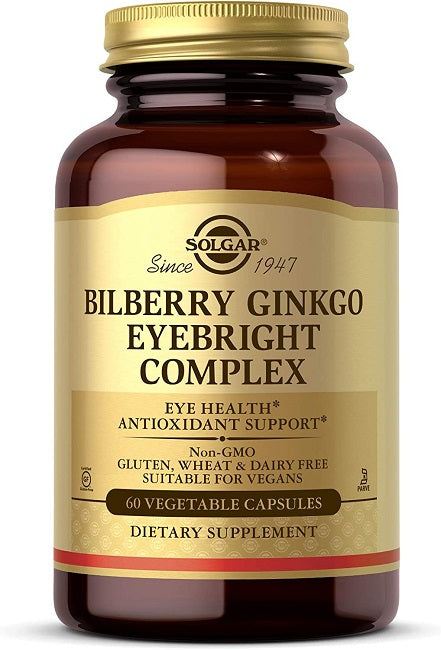 A dietary supplement bottle containing 60 vegetable capsules of Bilberry Ginkgo Eyebright Complex Plus Lutein from Solgar.