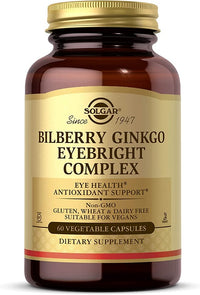 Thumbnail for A dietary supplement bottle containing 60 vegetable capsules of Bilberry Ginkgo Eyebright Complex Plus Lutein from Solgar.
