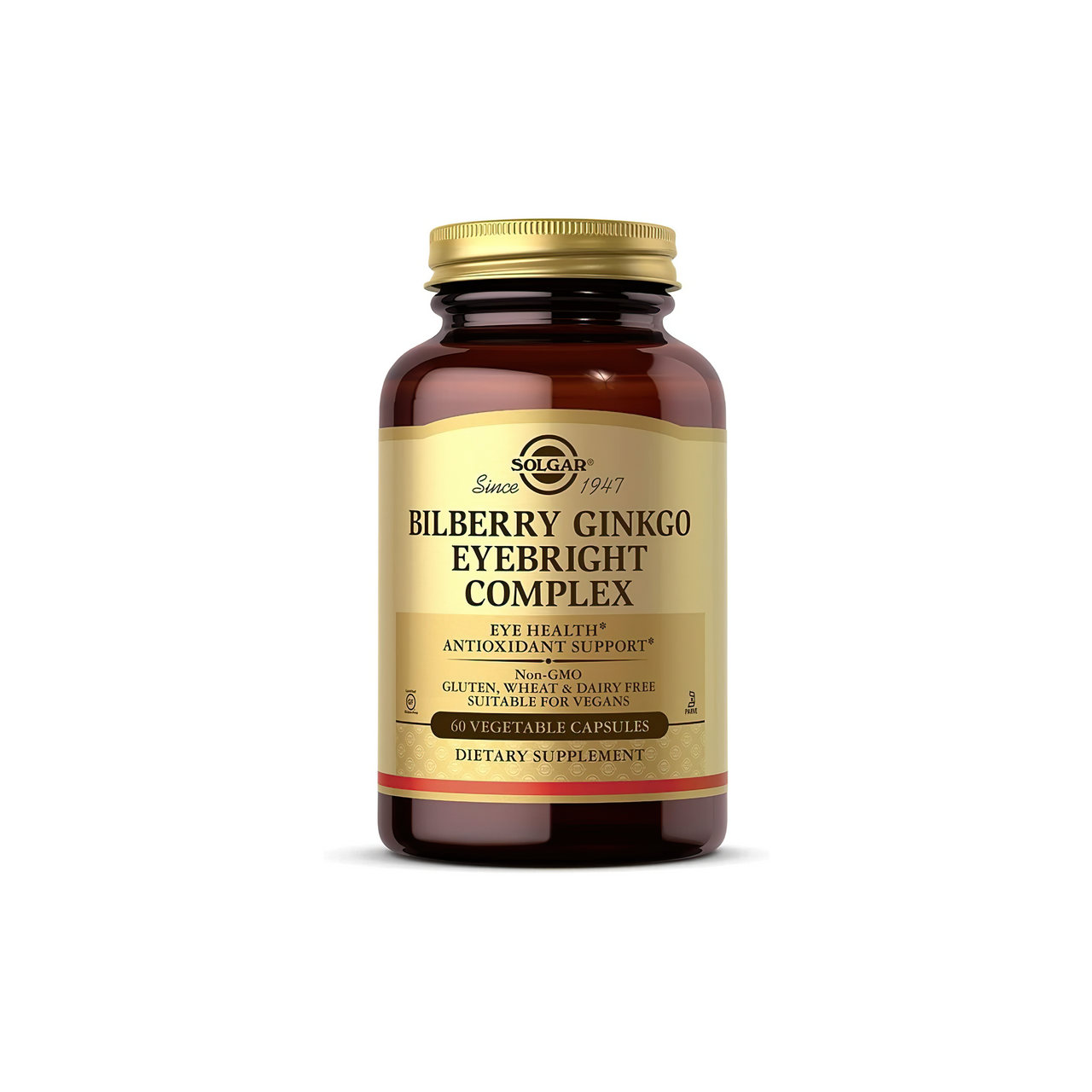 A dietary supplement bottle of Bilberry Ginkgo Eyebright Complex Plus Lutein from Solgar.