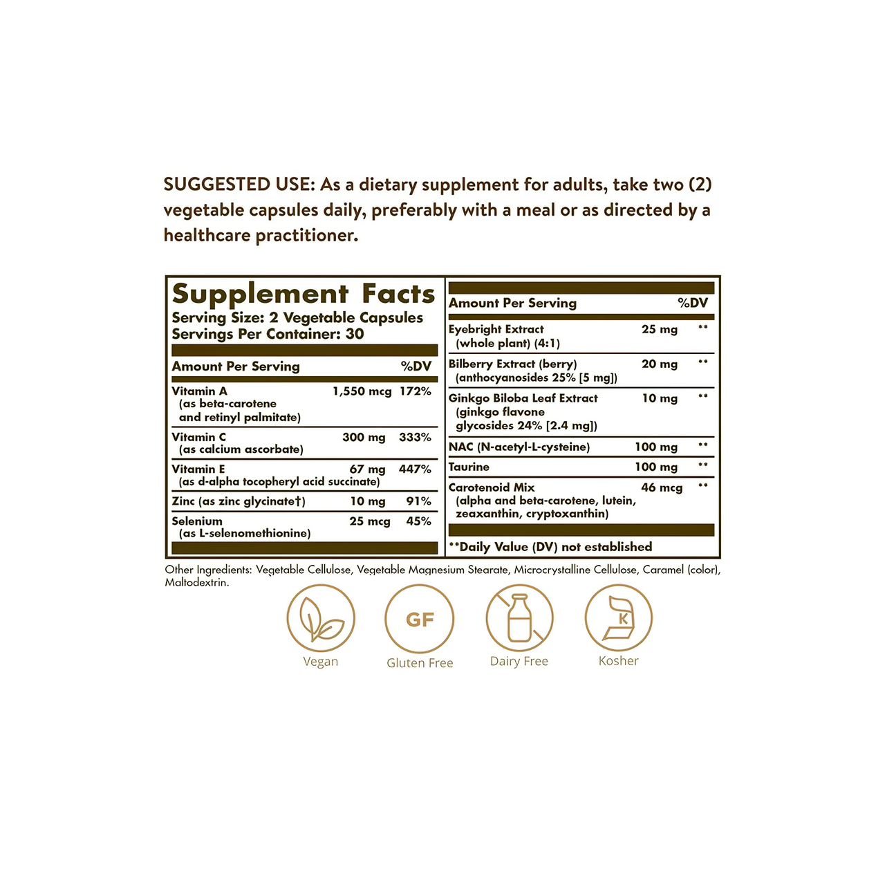 A label displaying the ingredients of Solgar's dietary supplement, Bilberry Ginkgo Eyebright Complex Plus Lutein, in 60 vegetable capsules.