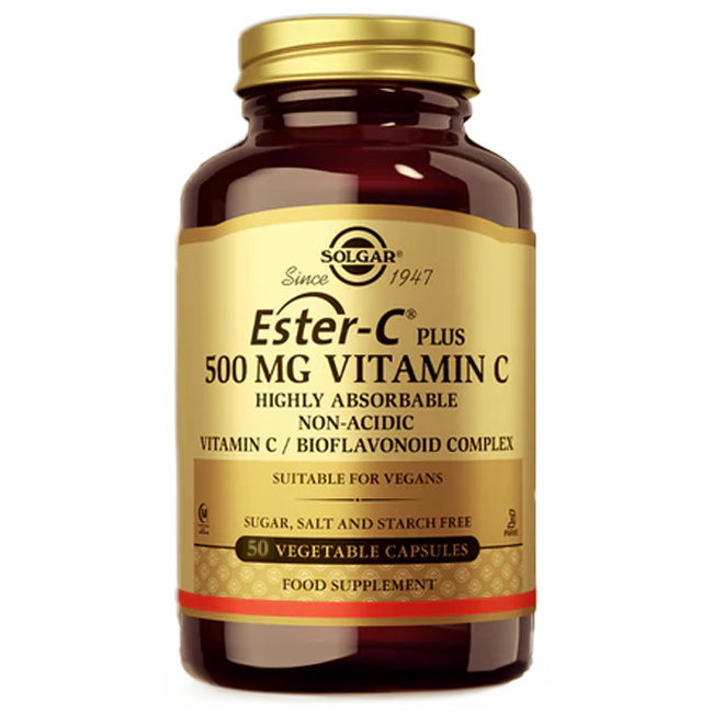 Solgar Ester-C Plus 500 mg Vitamin C, 50 vegetable capsules, non-acidic and highly absorbable, supports the immune system and is suitable for vegans.