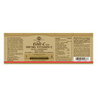 Thumbnail for Label for Solgar Ester-C Plus 500 mg Vitamin C 50 Vegetable Capsules, featuring immune support, ingredients, usage directions, dosage instructions, and product info on a beige background with red accents.