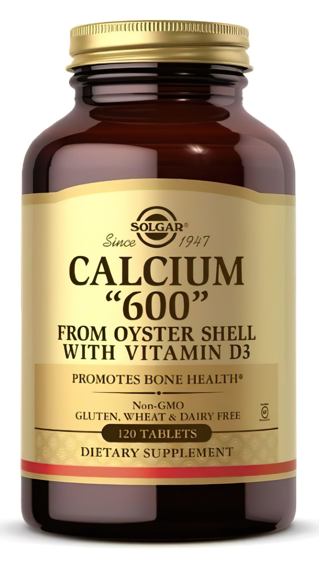 A bottle of Solgar's Calcium "600" 120 tablets (from oyster shell with vitamin D3) from oyster shell.