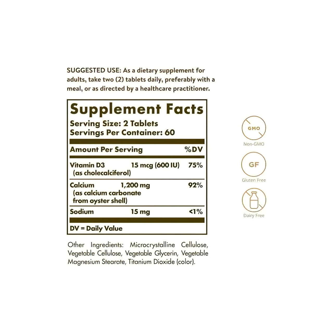 A label for Solgar Calcium "600" 120 tablets (from oyster shell with vitamin D3) supplement with a list of ingredients.