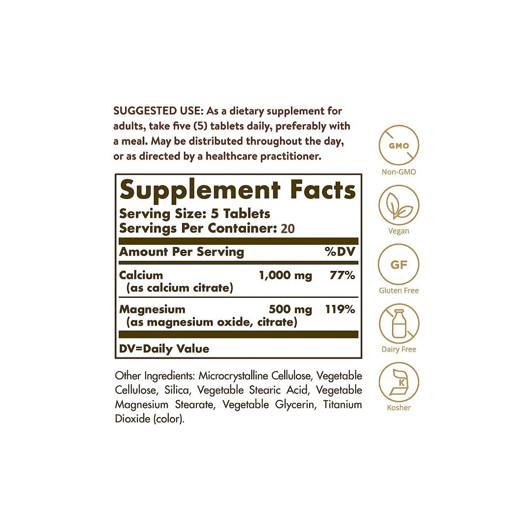 A label displaying the ingredients of Solgar Calcium Magnesium Citrate 100 Tablets dietary supplement.