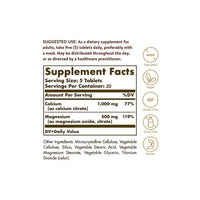 Thumbnail for A label displaying the ingredients of Solgar Calcium Magnesium Citrate 100 Tablets dietary supplement.