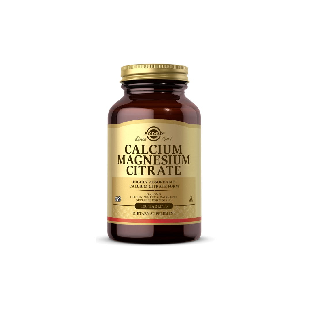 A bottle of Solgar Calcium Magnesium Citrate, a dietary supplement.
