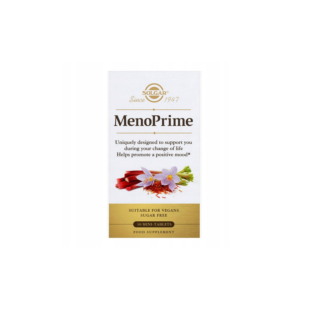 A box of Solgar Meno Prime 30 Tablets, which includes mini-tablets with saffron extract designed to support mood during life changes. The packaging highlights relief for menopause, offering a sugar-free solution that is vegan-friendly.