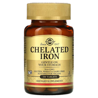 Thumbnail for A bottle of Solgar Chelated Iron 25 mg containing 100 tablets is a dietary supplement that is non-GMO, free from gluten, wheat, and dairy, and is suitable for vegans. It supports energy production and oxygen transport while being gentle on your stomach.