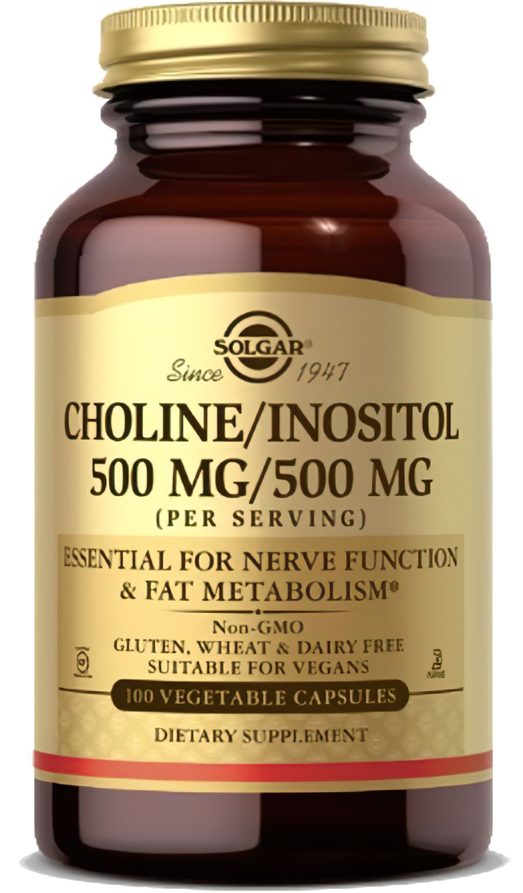 A bottle of Solgar Choline 500 mg Inositol 500 mg 100 Vegetable Capsules.