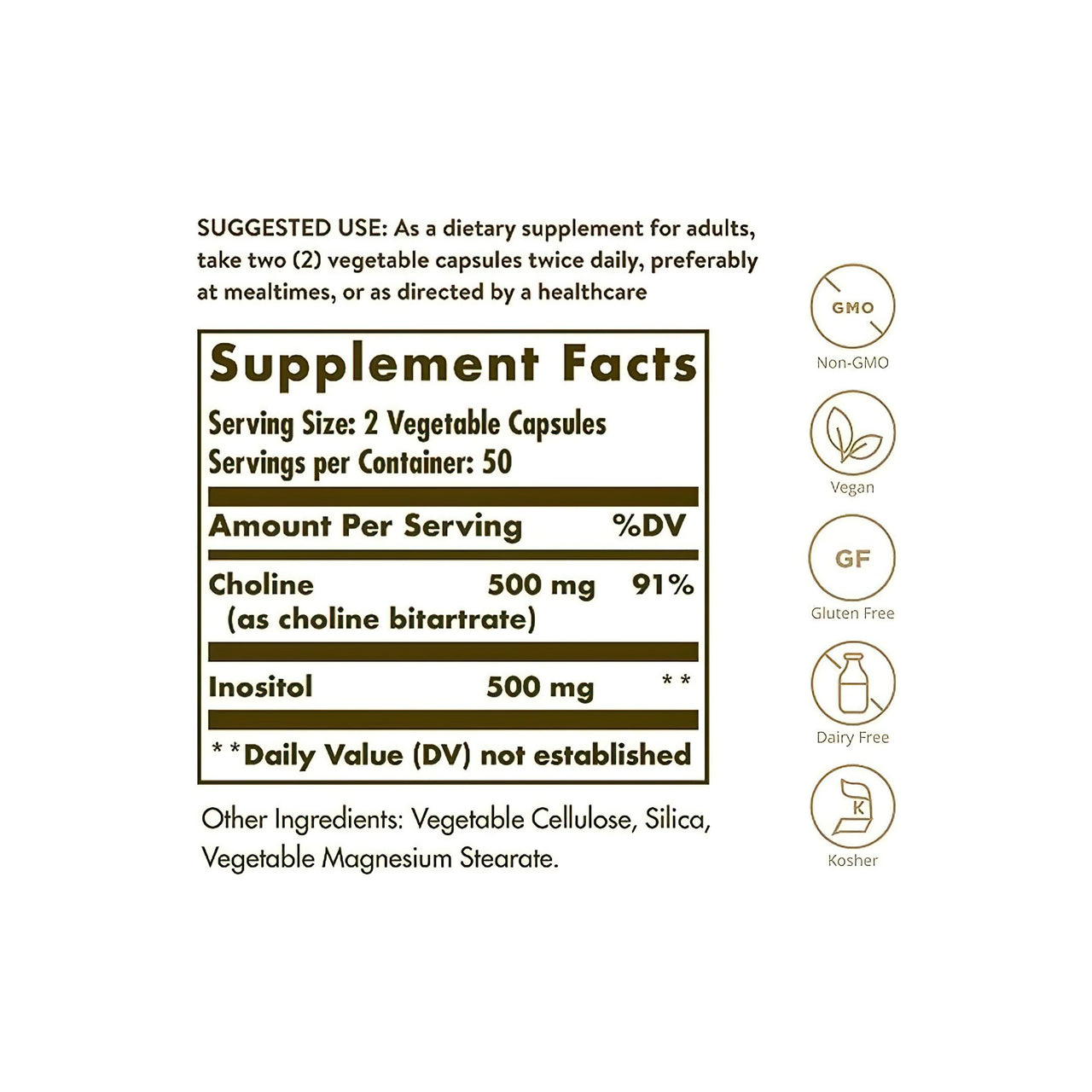 A label showing the ingredients of Solgar's Choline 500 mg Inositol 500 mg 100 Vegetable Capsules supplement.