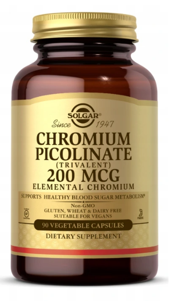 A Solgar brown bottle with a gold label containing Chromium Picolinate 200 mcg 90 vege capsules.