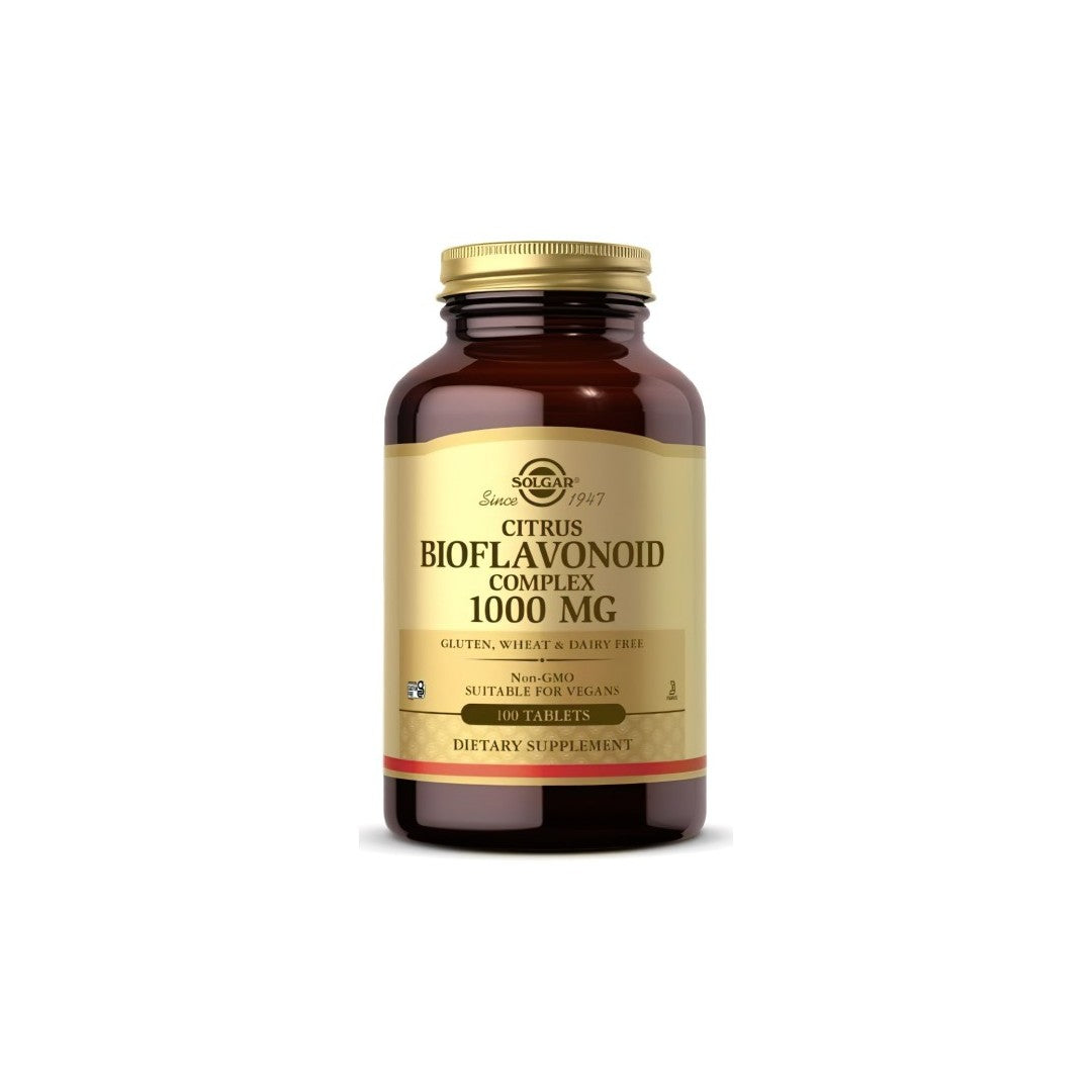 A bottle of Solgar Citrus Bioflavonoid Complex 1000 mg Tablets on a white background.